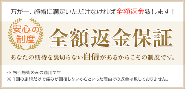 万が一、施術に満足いただけなければ全額返金致します！安心の 制度　全額返金保証　あなたの期待を裏切らない自信があるからこその制度です。※ 初回施術のみの適用です ※ １回の施術だけで痛みが回復しないからといった理由での返金は致しておりません。